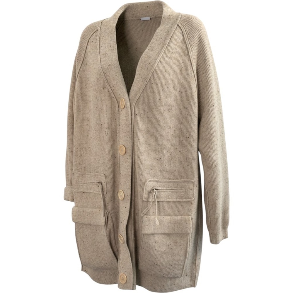 BCBGMAXAZRIA 100% Lambswool Speckled Knit Long Cardigan M Grandpa Beige Snaps